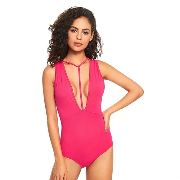 Hot Pink Harness Strappy Choker Plunge V-Neck Tank Bodysuit - Picture 9 of 11
